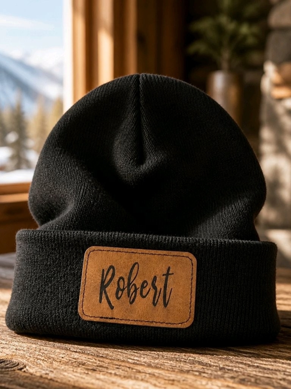Black Knit Beanie with Brown Name Patch - Personalized Style
